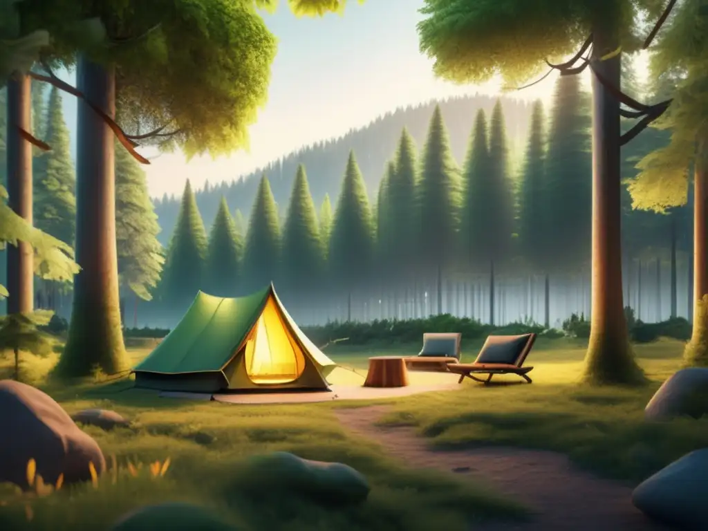 Hermoso campamento sostenible en el bosque Campismo sostenible: Guía completa senderismo - Paisaje natural sereno con campamento en bosque exuberante