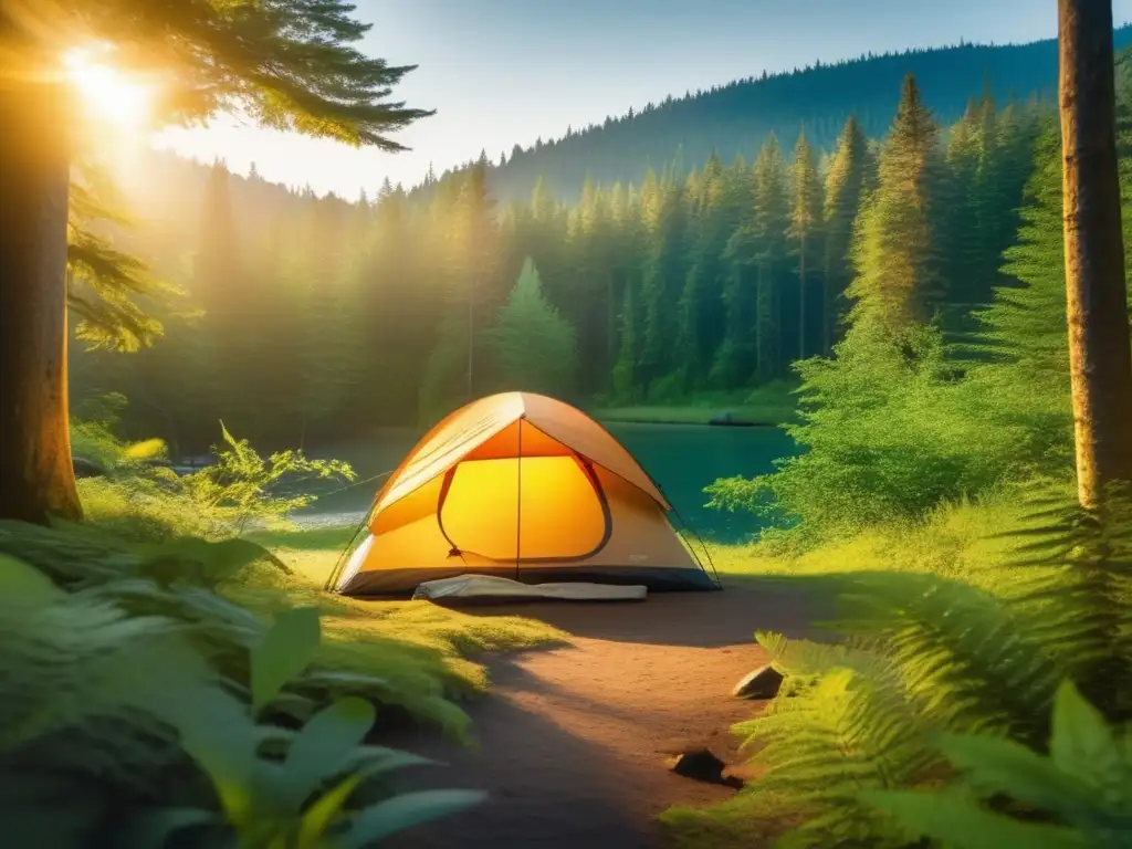 Campamento sereno en el bosque Impacto del camping en la naturaleza: campamento sereno en un exuberante bosque, con tienda acogedora rodeada de vegetación verde vibrante