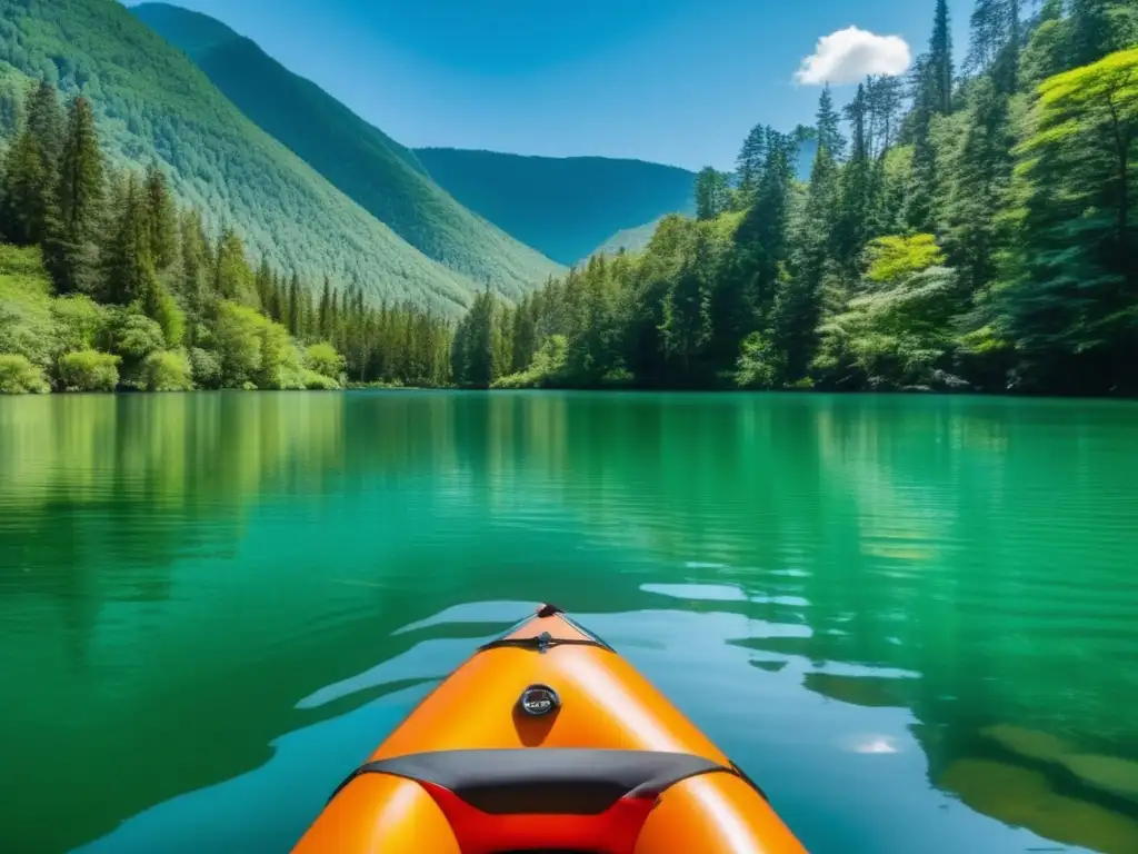 Lago sereno con nadador flotando Técnicas de flotación y natación en camping: lago sereno rodeado de árboles, montañas y un campista flotando dorsalmente en aguas cristalinas