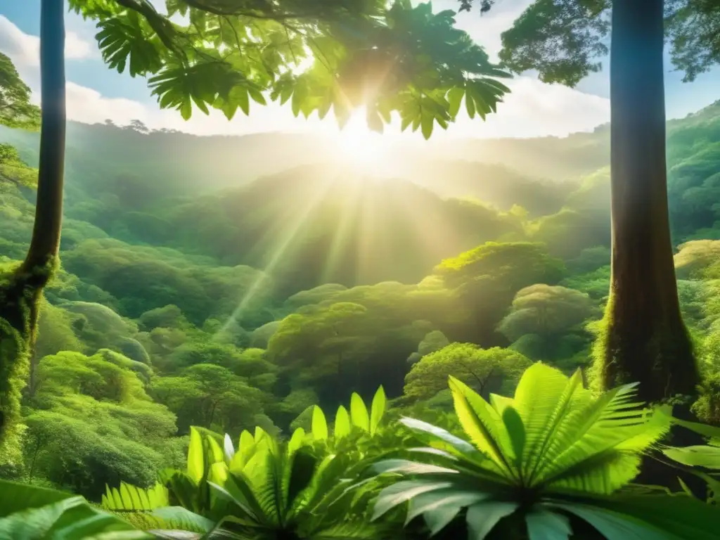 Paisaje ecofriendly: sendero en bosque virgen con fauna, flora y rayos de sol
