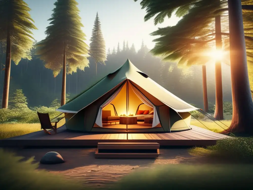 Campamento ecofriendly en bosque con tienda moderna, paneles solares y fogata