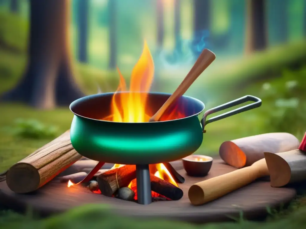 Sopas deshidratadas para acampadas saludables en un escenario tranquilo de bosque