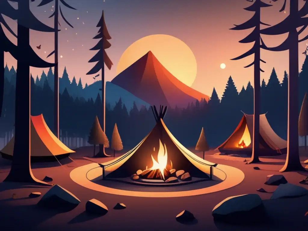 Campamento nocturno en el bosque Bosque oscuro al atardecer con tienda de campaña y equipo moderno de camping