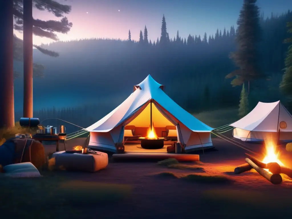 Campamento místico con comida no perecedera Campamento místico al atardecer en el bosque con alimentos no perecederos, recetas camping