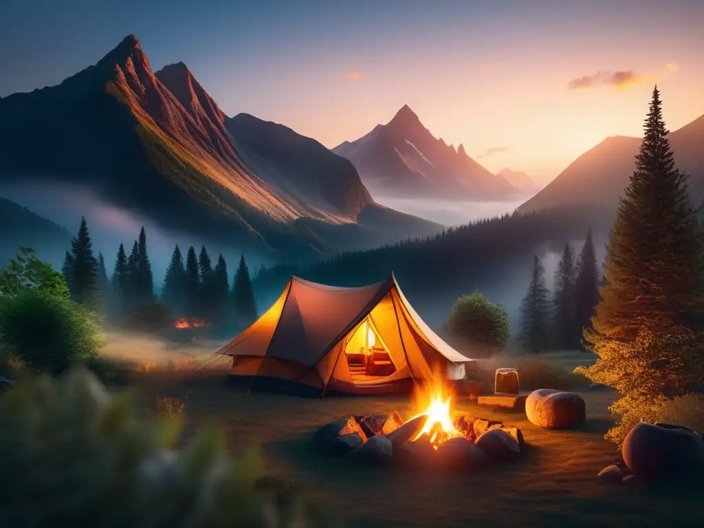 Escena de naturaleza en atardecer, campamento rodeado de vegetación, fogata, montañas y neblina