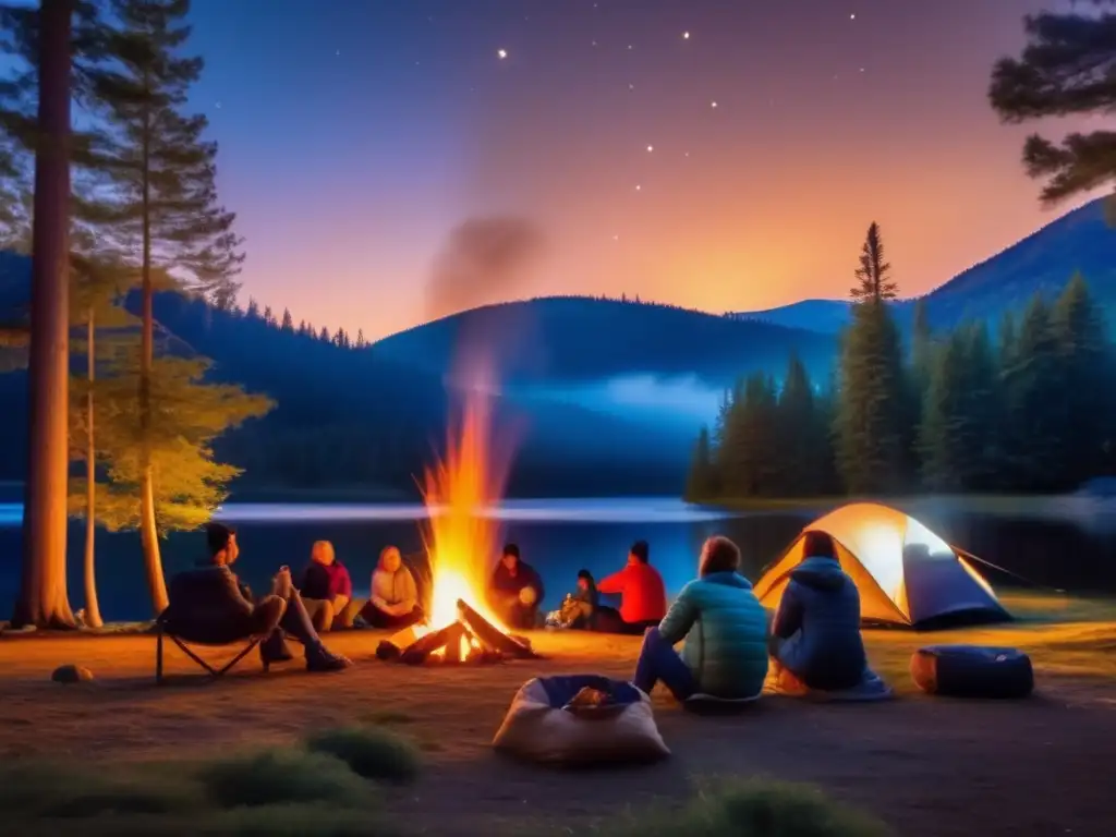 Campamento nocturno, fuego y conversaciones Campamento al atardecer: beneficios del campismo para concentración