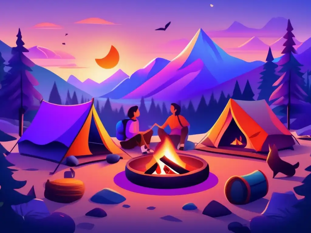 Escena de acampada al atardecer con amigos alrededor de una fogata, disfrutando de sopas deshidratadas saludables