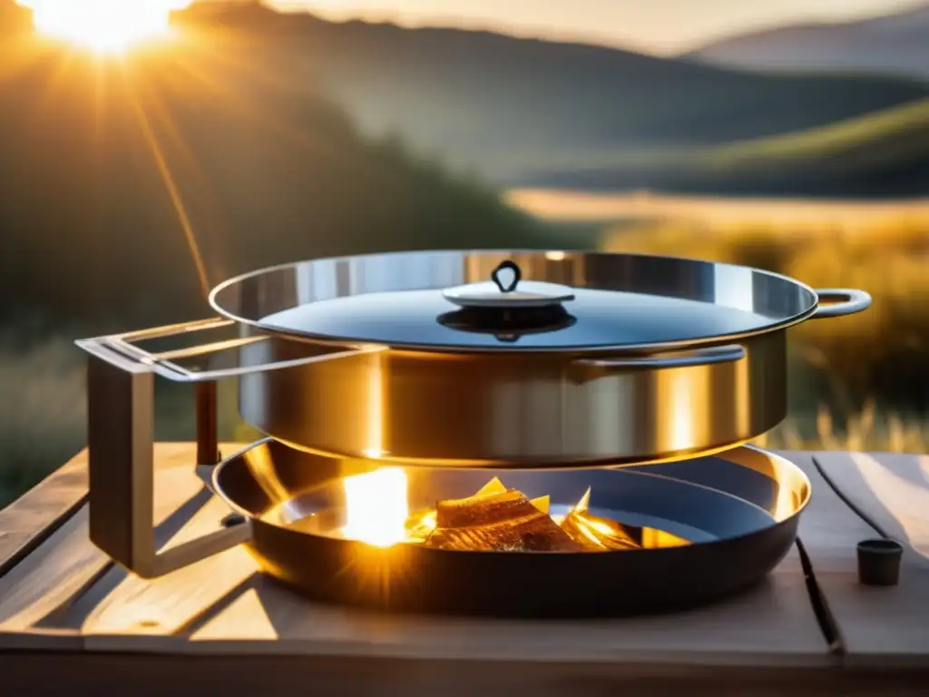 Cocina solar moderna en paisaje de camping Cocina solar sostenible para camping en paisaje idílico