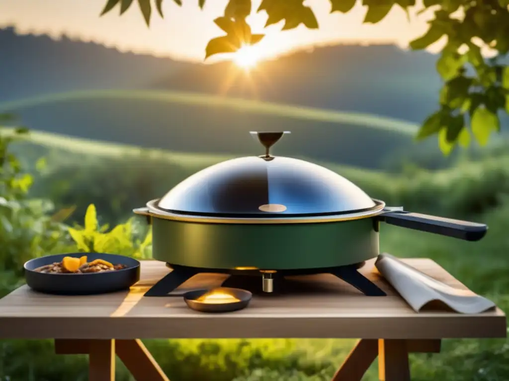 Camping sostenible con cocina solar Cocina solar sostenible para camping en un entorno natural y tranquilo