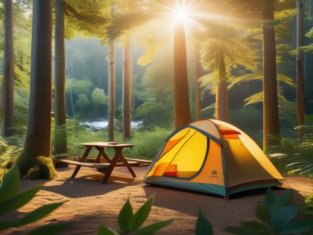 Campamento sostenible en bosque tranquilo Campamento sostenible: belleza y responsabilidad