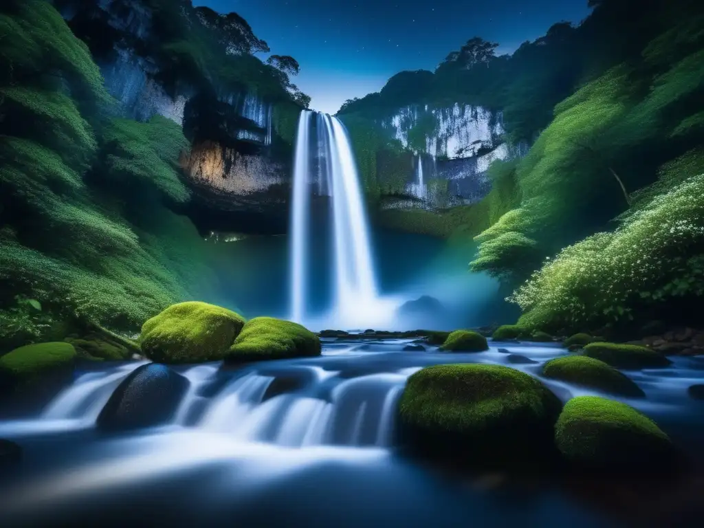 Captura belleza nocturna naturaleza: cascada, árboles, estrellas, agua sedosa, bosque misterioso, serenidad, conexión con la naturaleza