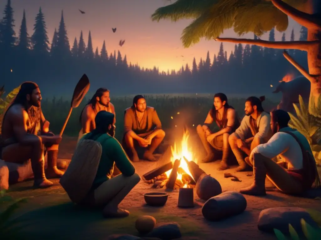 Campamento ancestral en un bosque misterioso Historia de los accesorios de acampada: Huntersresearchers en bosque, fogata, camaradería, herramientas primitivas, bosque misterioso al atardecer