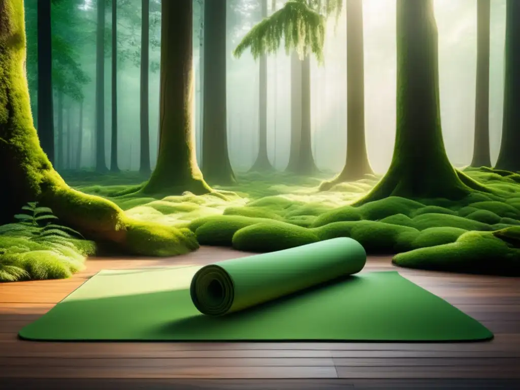 Bosque sereno para practicar yoga Bosque sereno con yoga mat de madera en la naturaleza: Beneficios de la respiración consciente (110 caracteres)