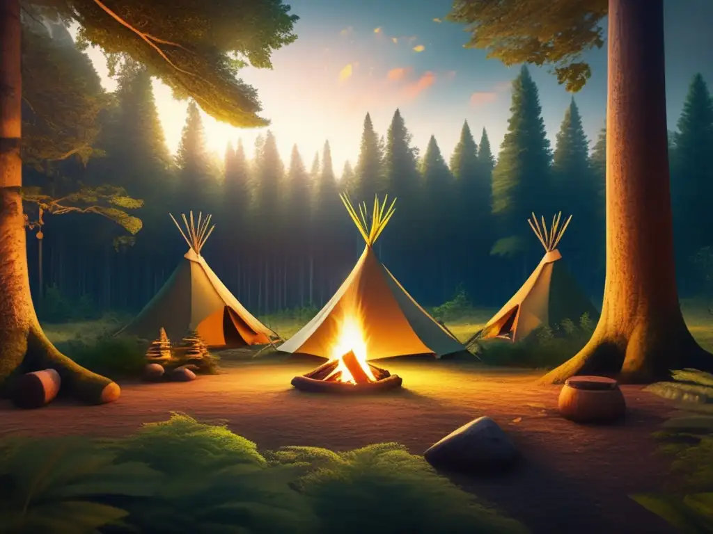 Bosque místico al atardecer, campamento espiritual Vínculo espiritual naturaleza acampada ancestral en un claro mágico rodeado de árboles antiguos y serenos