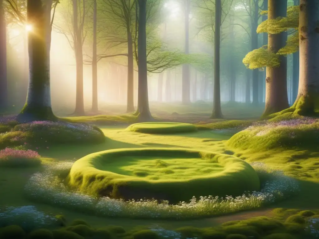 Claro del bosque místico Campismo espiritual en senderismo: Bosque sereno bañado en luz dorada, árboles majestuosos, círculo de piedra antiguo, misterio y tranquilidad