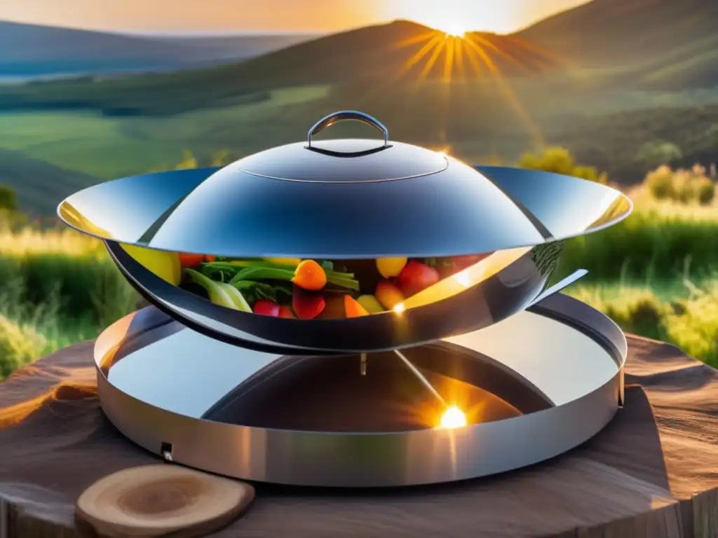 Cocina solar en camping con vegetales Cocina solar sostenible en camping