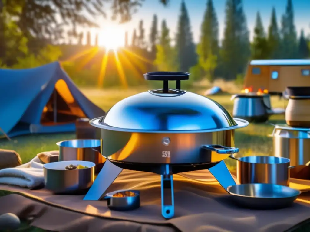 Cocina solar en camping Cocina solar sostenible para camping: escena de camping tranquila con una cocina solar moderna en primer plano