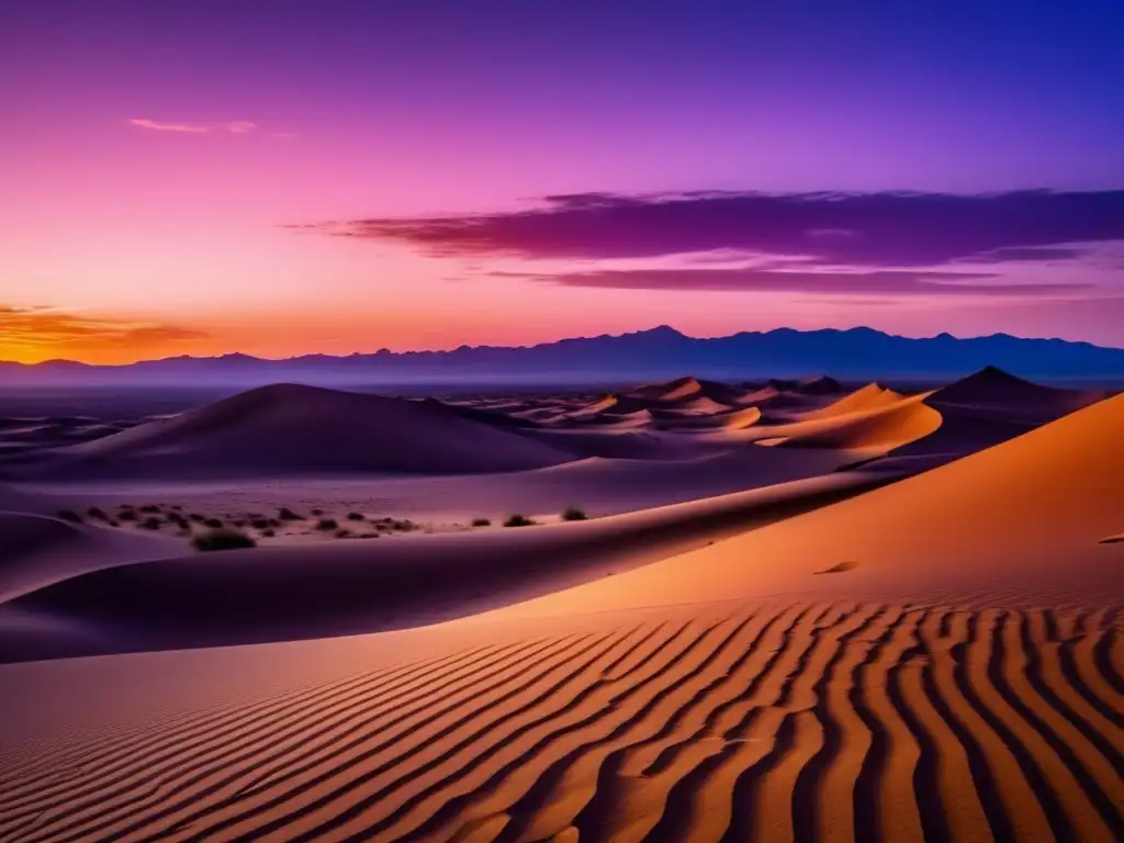 Desierto al atardecer: exploración y desafíos Paisaje desértico al atardecer con figura solitaria orientándose en zonas desérticas
