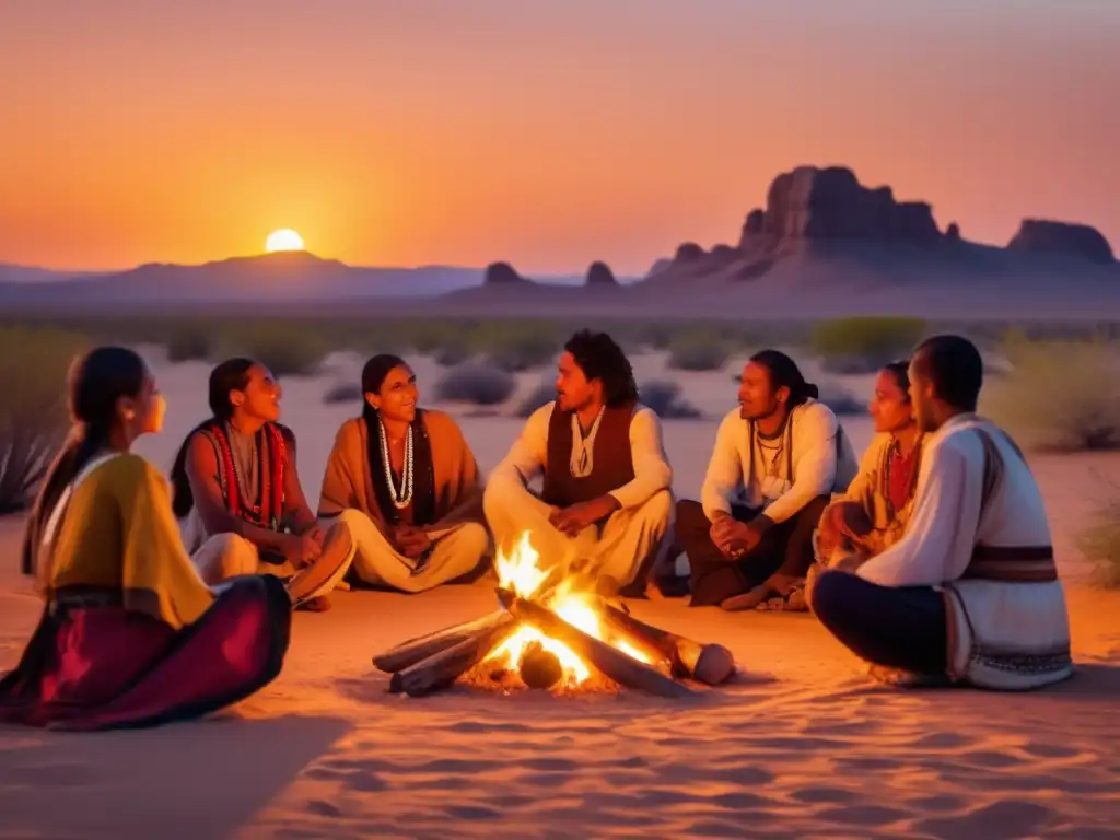 Paisaje desértico al atardecer con indígenas alrededor del fuego Senderismo y camping en el desierto: Leyendas y sabiduría indígena