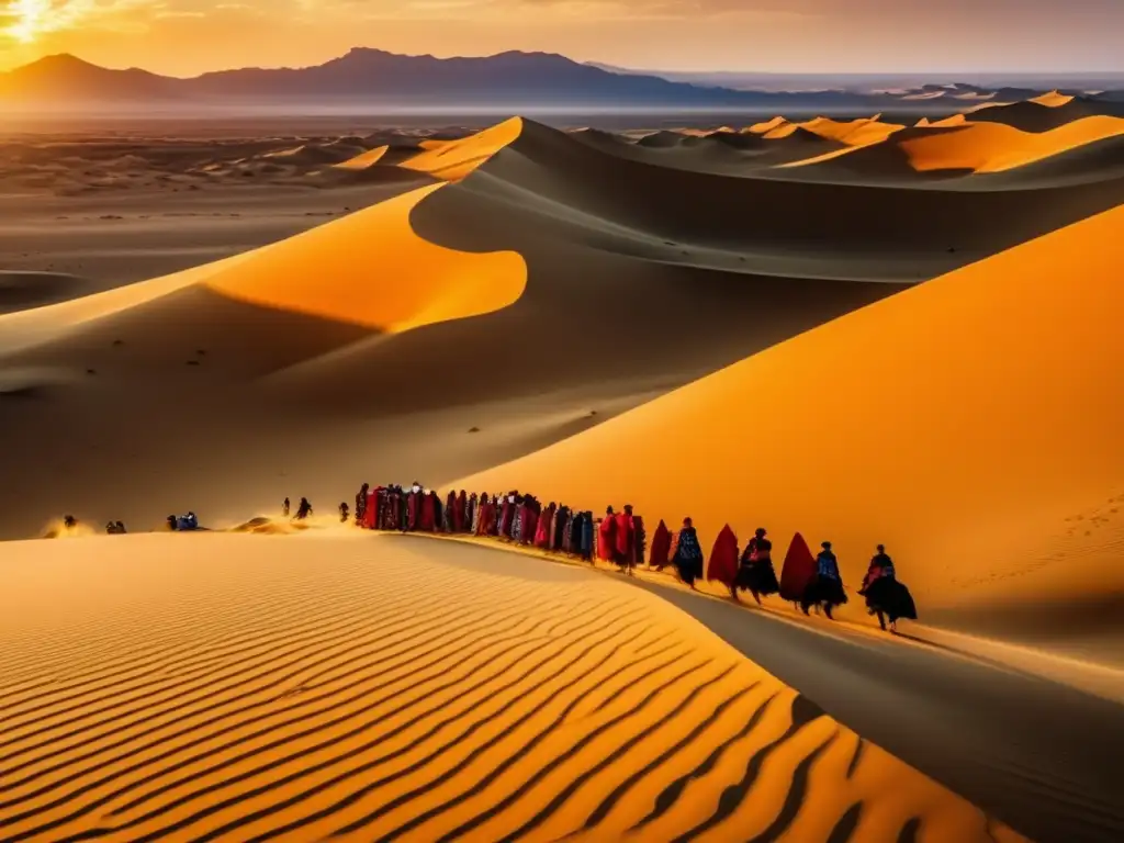 Paisaje desértico con comunidad indígena Desierto dorado: leyendas y sabiduría indígena en campamento