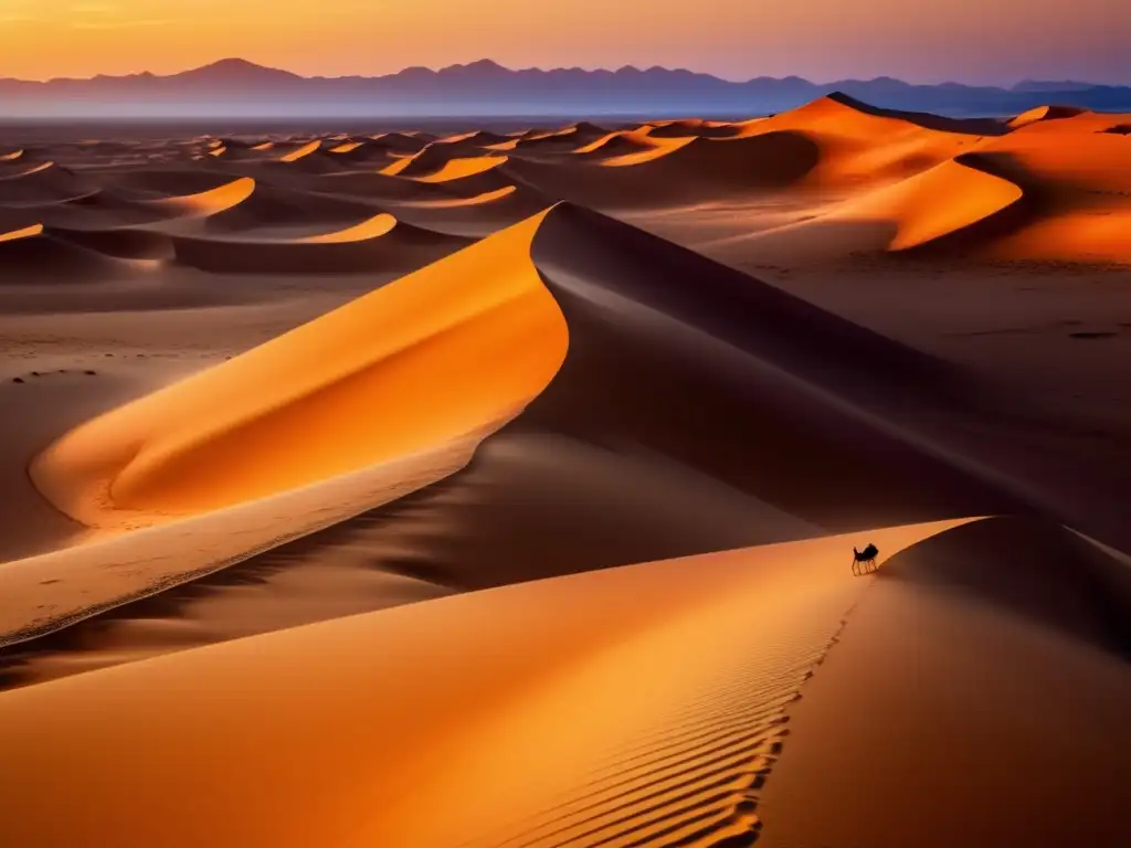 Desierto dorado con caravana Impacto turismo en desertificación: Caravana camellos atraviesa vasto desierto dorado al atardecer, resaltando fragilidad e impacto del turismo