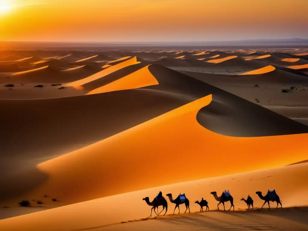 Desierto dorado y misterioso Impacto del turismo en la desertificación: Paisaje desértico dorado con dunas, caravana de camellos y nubes giratorias
