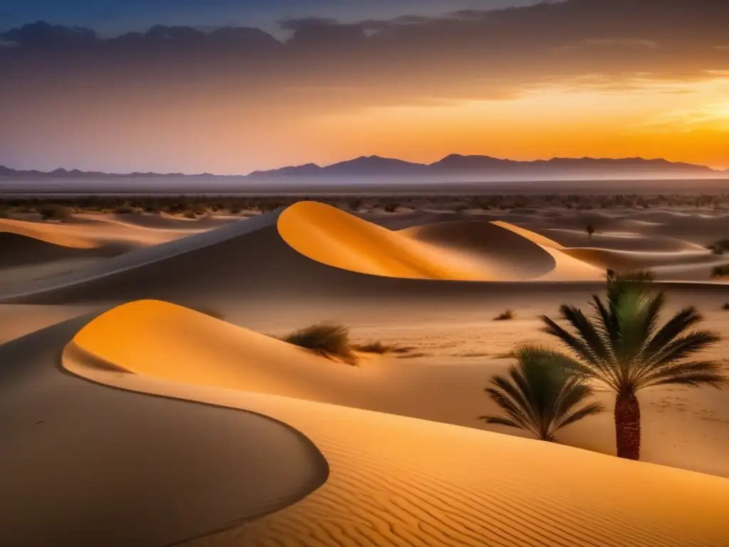 Desierto dorado: Dunas, oasis y estrellas Paisaje de desierto al atardecer con oasis y observación astronómica
