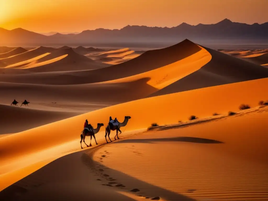 Impresionante paisaje desértico en 8k Impacto del turismo en la desertificación: paisaje desértico 8k impresionante, con caravan de camellos y montañas distantes