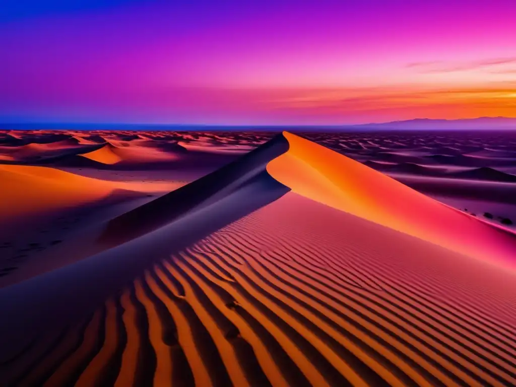 Hermoso paisaje desértico al atardecer Paisaje desértico con dunas doradas, figura solitaria y cielo vibrante: Orientación en zonas desérticas