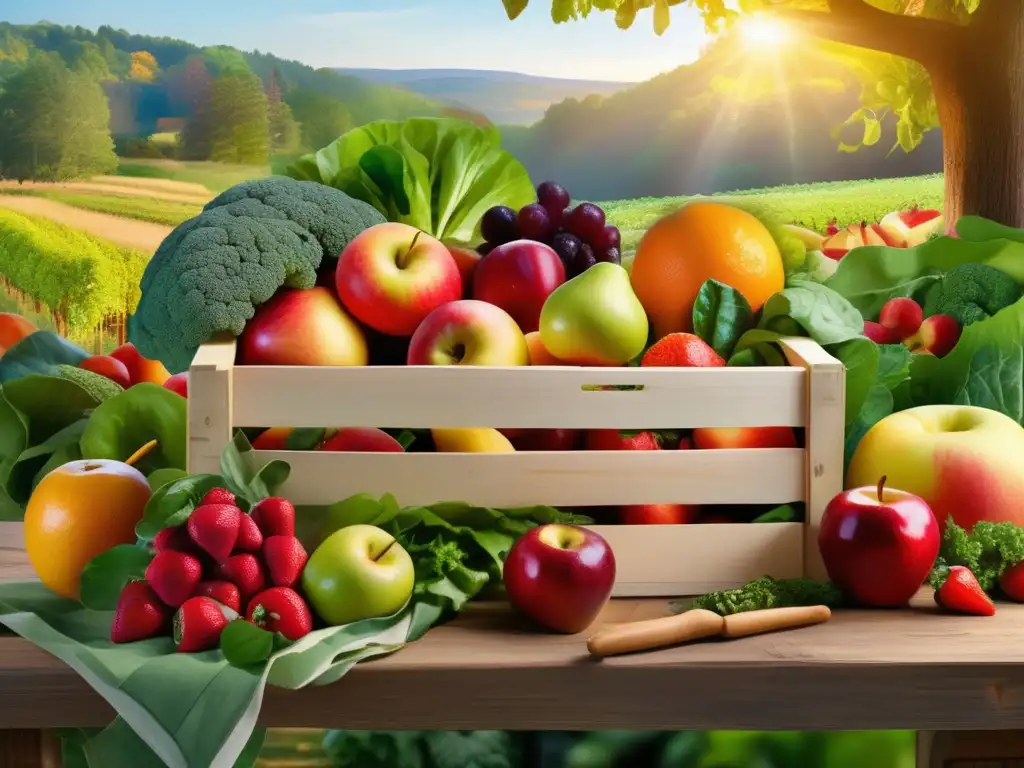 Deliciosos productos frescos en un bosque vibrante Una abundante y fresca selección de frutas y verduras en un bosque lleno de vida