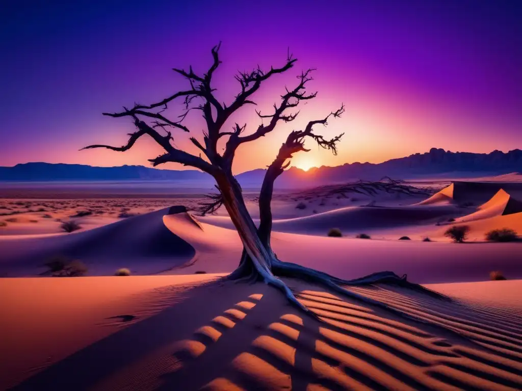 Paisaje desértico con árbol muerto y oasis Impacto del turismo en la desertificación: paisaje árido con arena, formaciones rocosas, árbol muerto, oasis y contraste entre naturaleza y turismo