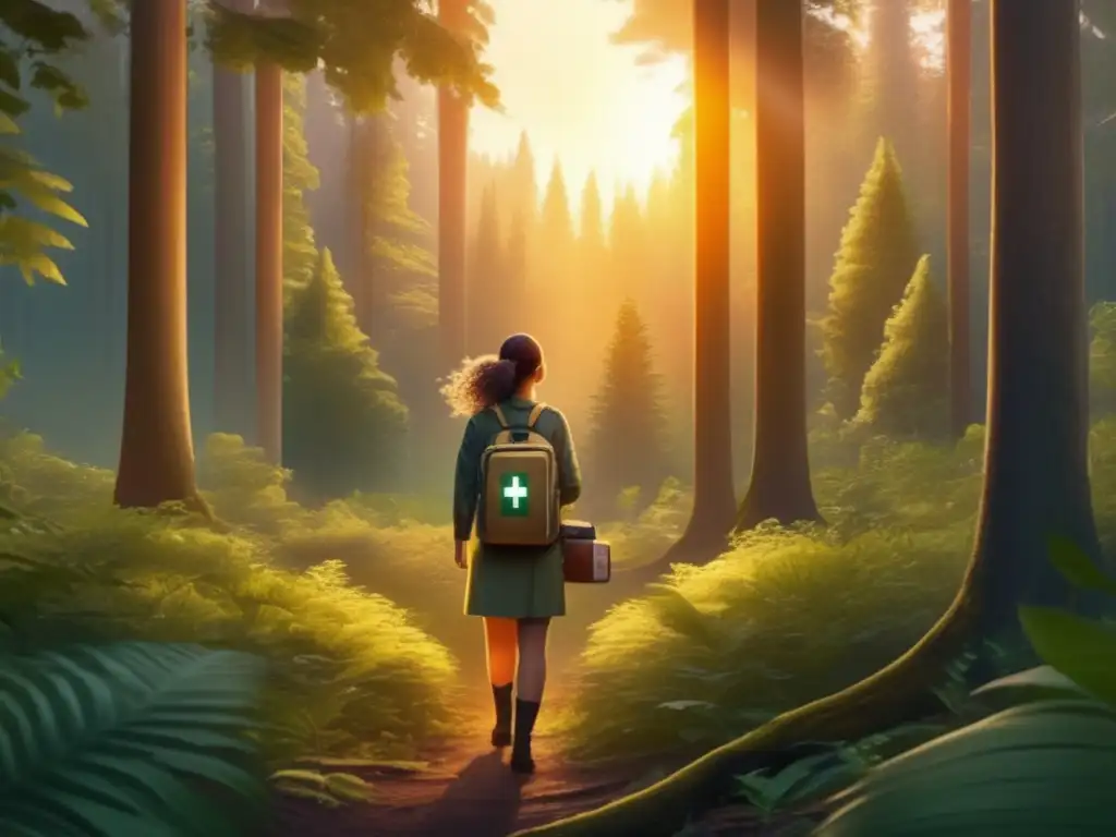 Mujer empoderada en el bosque con kit de primeros auxilios Mujer preparada en la naturaleza: Técnicas de supervivencia para mujeres
