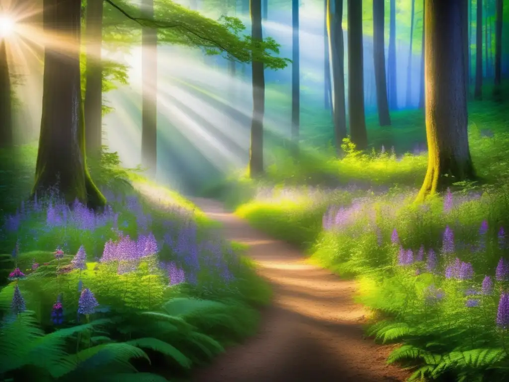 Bosque místico iluminado por rayos de sol Bosque místico lleno de vida y encanto