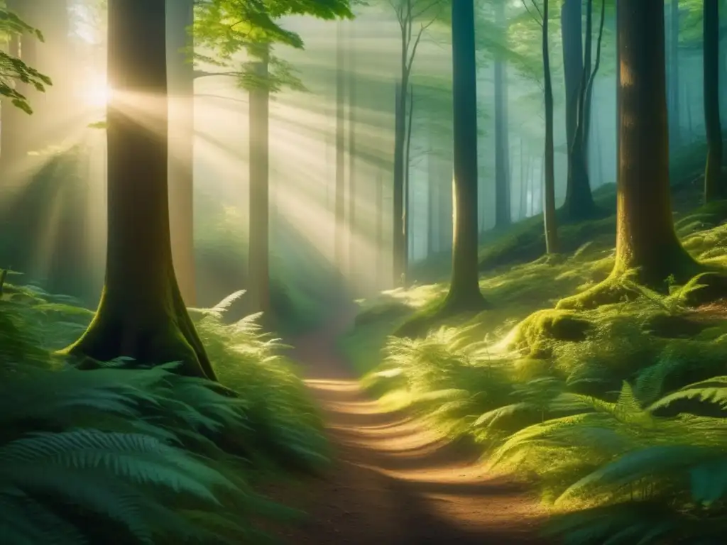 Bosque místico bañado en oro Beneficios de la conexión con la naturaleza: Bosque dorado, sendero misterioso y serenidad
