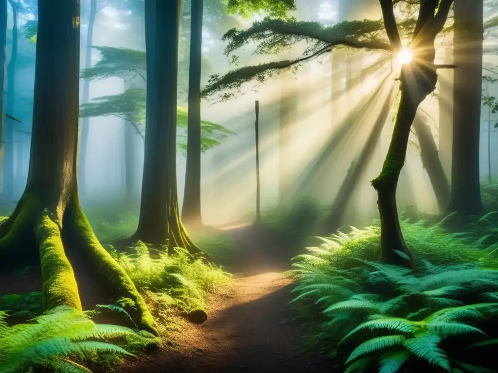 Impacto del turismo en la naturaleza: Bosque misterioso y denso envuelto en niebla, árboles imponentes con ramas retorcidas y hojas verdes brillantes