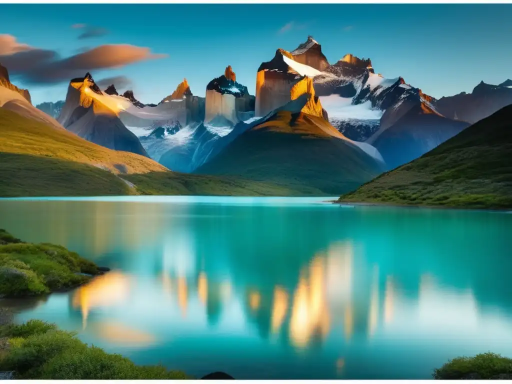 Impacto turismo naturaleza: Parque Nacional Torres del Paine, Chile, escena impresionante con picos de granito, lago turquesa y vegetación exuberante