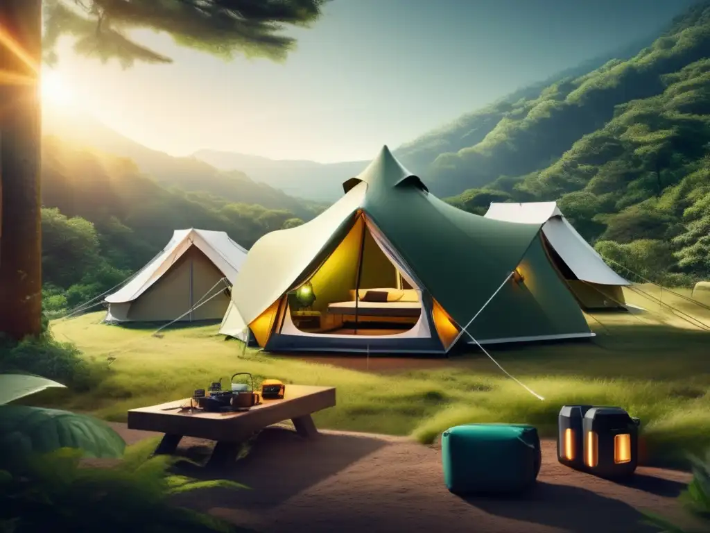 Camping de alta tecnología en el bosque Historia accesorios acampada: escena moderna y tecnológica en un bosque exuberante, con tienda espaciosa, cocina avanzada y equipamiento innovador
