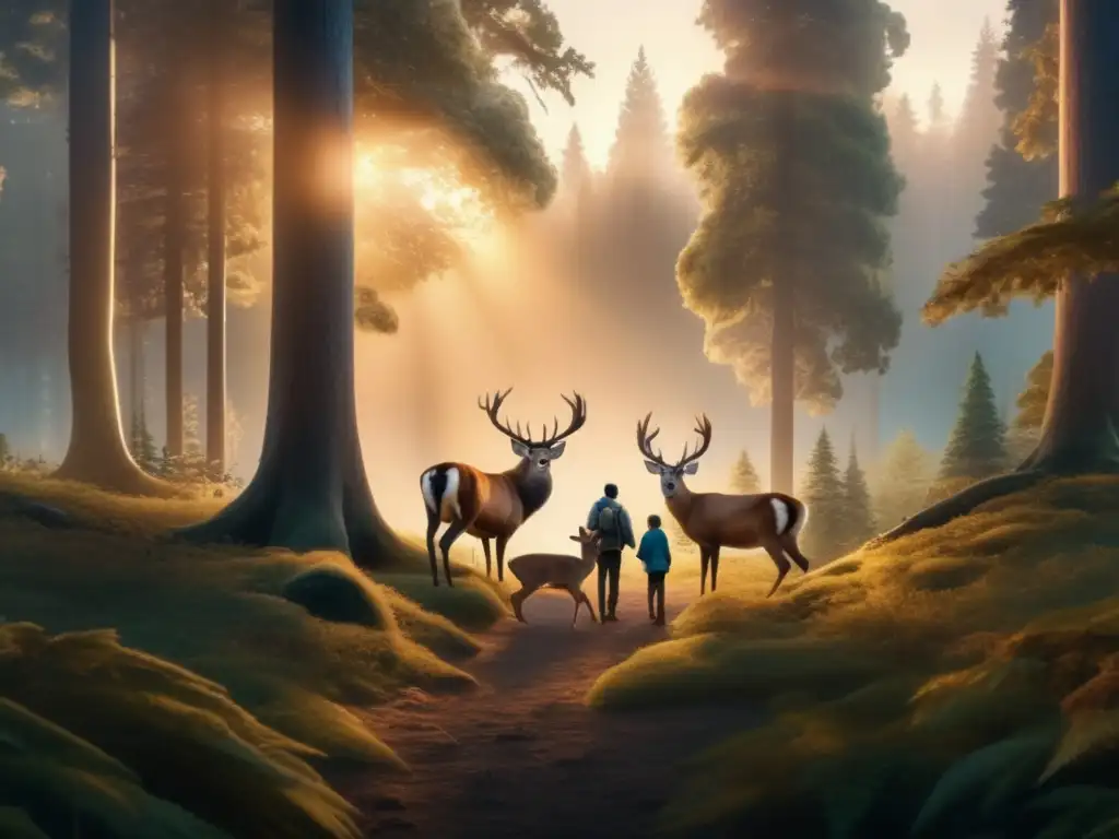Tranquilidad en el bosque al atardecer Importancia de la conservación en el campismo y fauna local: familia observa majestuoso ciervo en bosque al atardecer