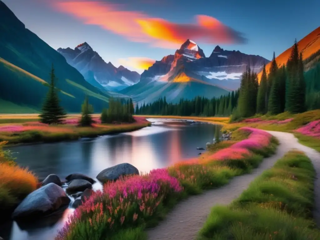 Paisaje montañoso impresionante al amanecer, con colores vibrantes y sendero que invita a conectar con la naturaleza