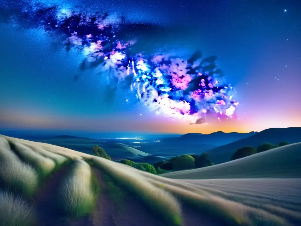 Noche estrellada sobre paisaje sereno Fotografía nocturna paisajes naturaleza, cielo estrellado y paisaje sereno