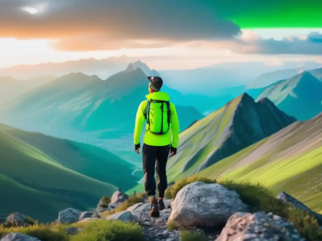 Tendencias indumentaria senderismo: Hiker moderno en sendero rocoso con impresionante paisaje montañoso, outfit llamativo y funcional