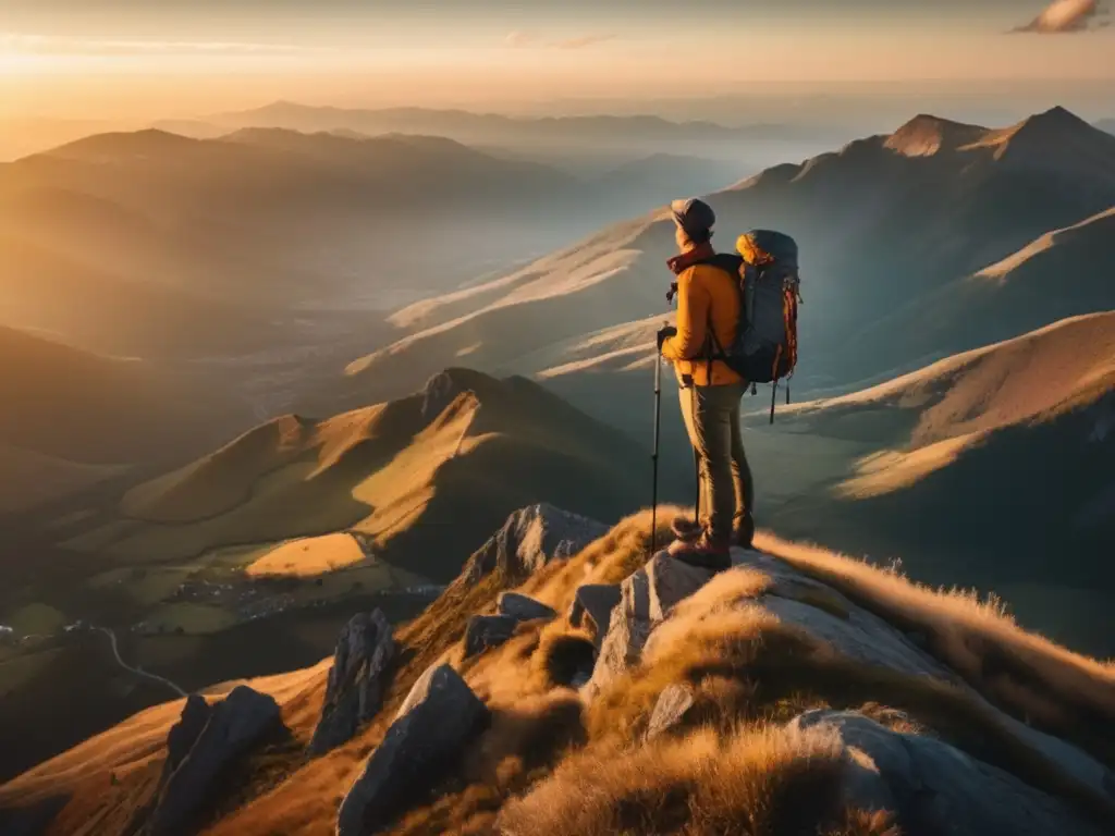 Aprende a usar sextante senderismo: Hiker en montaña al amanecer