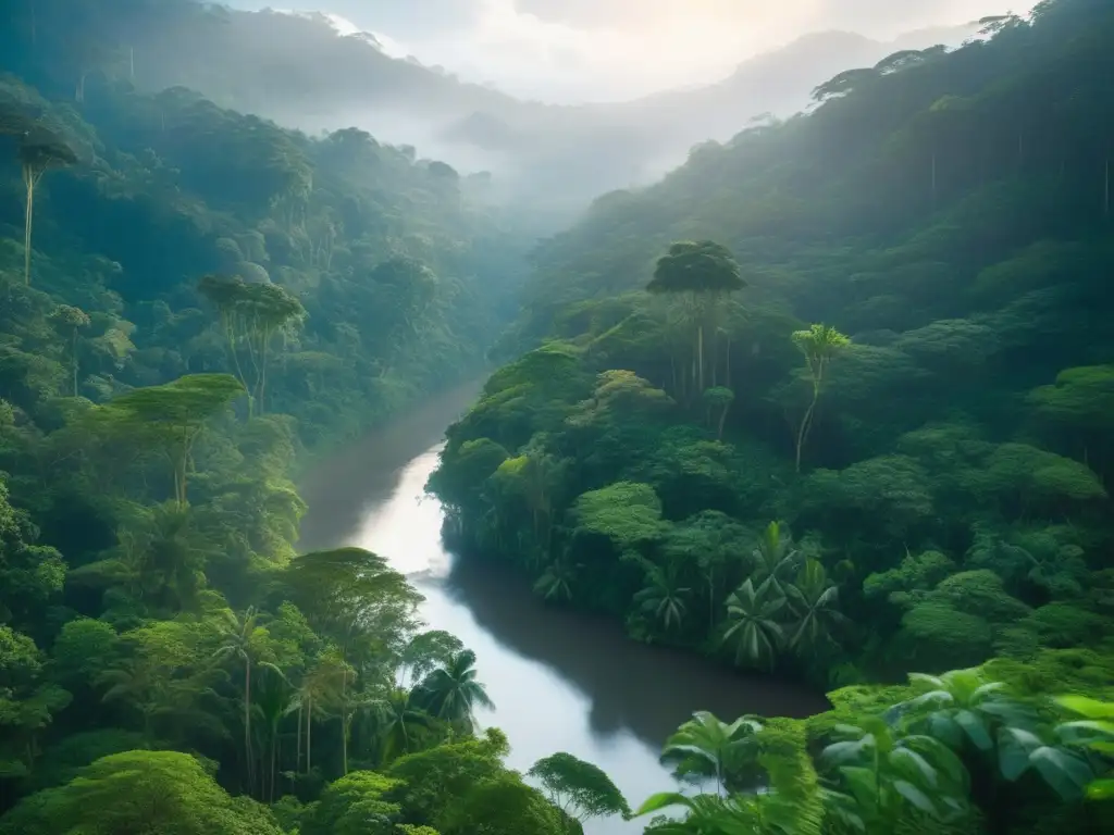 Exuberante selva tropical con río y misterio Técnicas supervivencia indígenas selva tropical: Imagen deslumbrante de una exuberante selva tropical con árboles imponentes y un río serpenteante