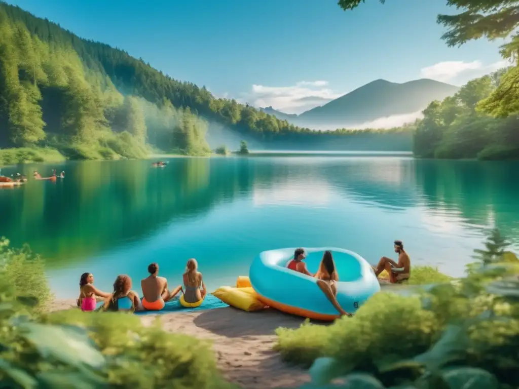 Técnicas de flotación y natación en camping Técnicas de flotación y natación en camping: escena impresionante de campistas en un lago cristalino rodeado de naturaleza exuberante