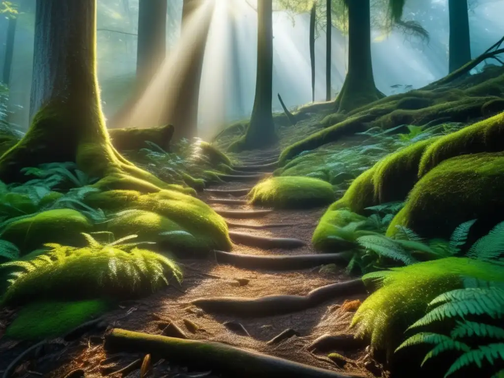 Bosque místico con rayos de sol y rastros de animales Lenguaje oculto de la naturaleza y senderismo en un místico bosque denso con detalles 8k ultradetallados