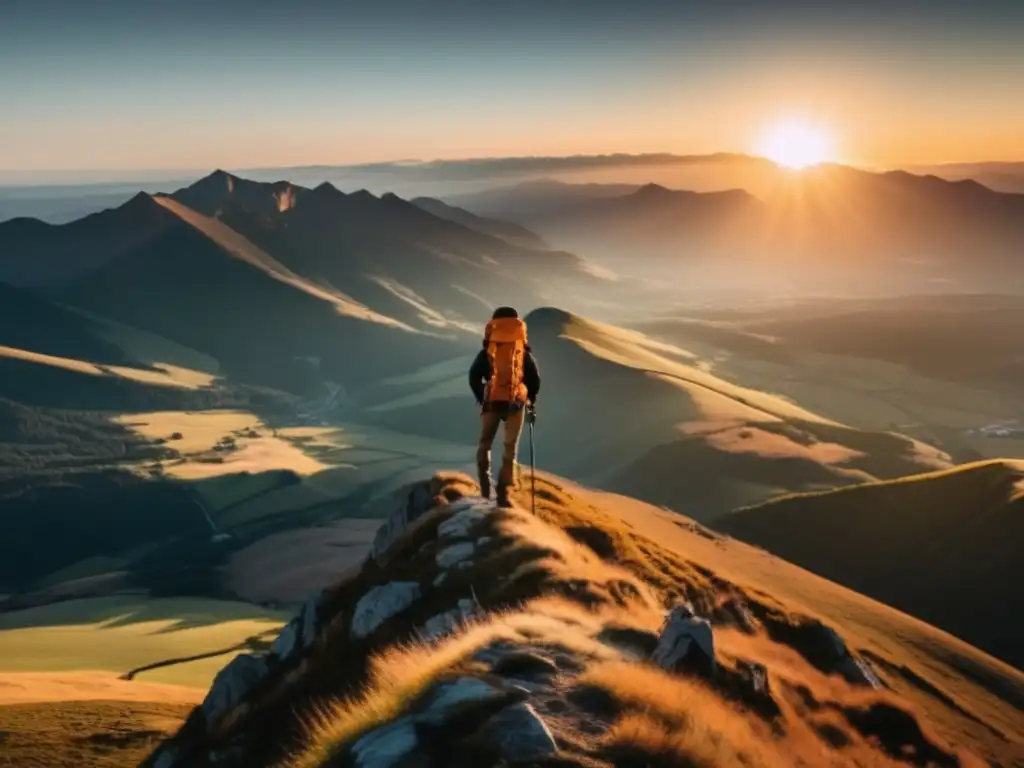 Tendencias indumentaria senderismo: Hiker en paisaje impresionante, con equipo moderno y sombra misteriosa, reflejando aventura y emoción