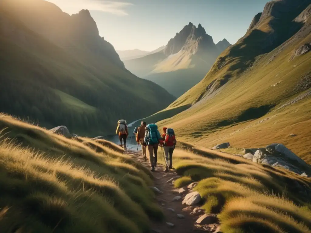 Tendencias indumentaria senderismo: Hikers conquistando una desafiante ruta de montaña en imagen 8k detallada y cautivadora