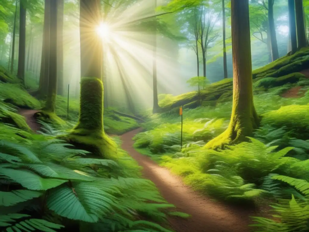 Bosque mágico, sendero responsable Imagen de senderismo ético: dejar sin rastro en un bosque exuberante