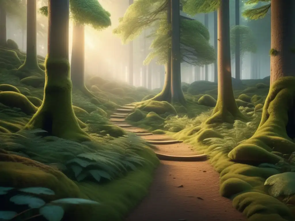 Bosque encantador a la luz del atardecer Un fascinante paisaje de bosque al atardecer, con árboles imponentes, senderos serpenteantes y un arroyo tranquilo