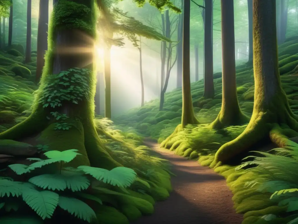 Bosque mágico al atardecer Imagen de bosque misterioso con árboles altos y río, ideal para acampada sostenible en áreas protegidas